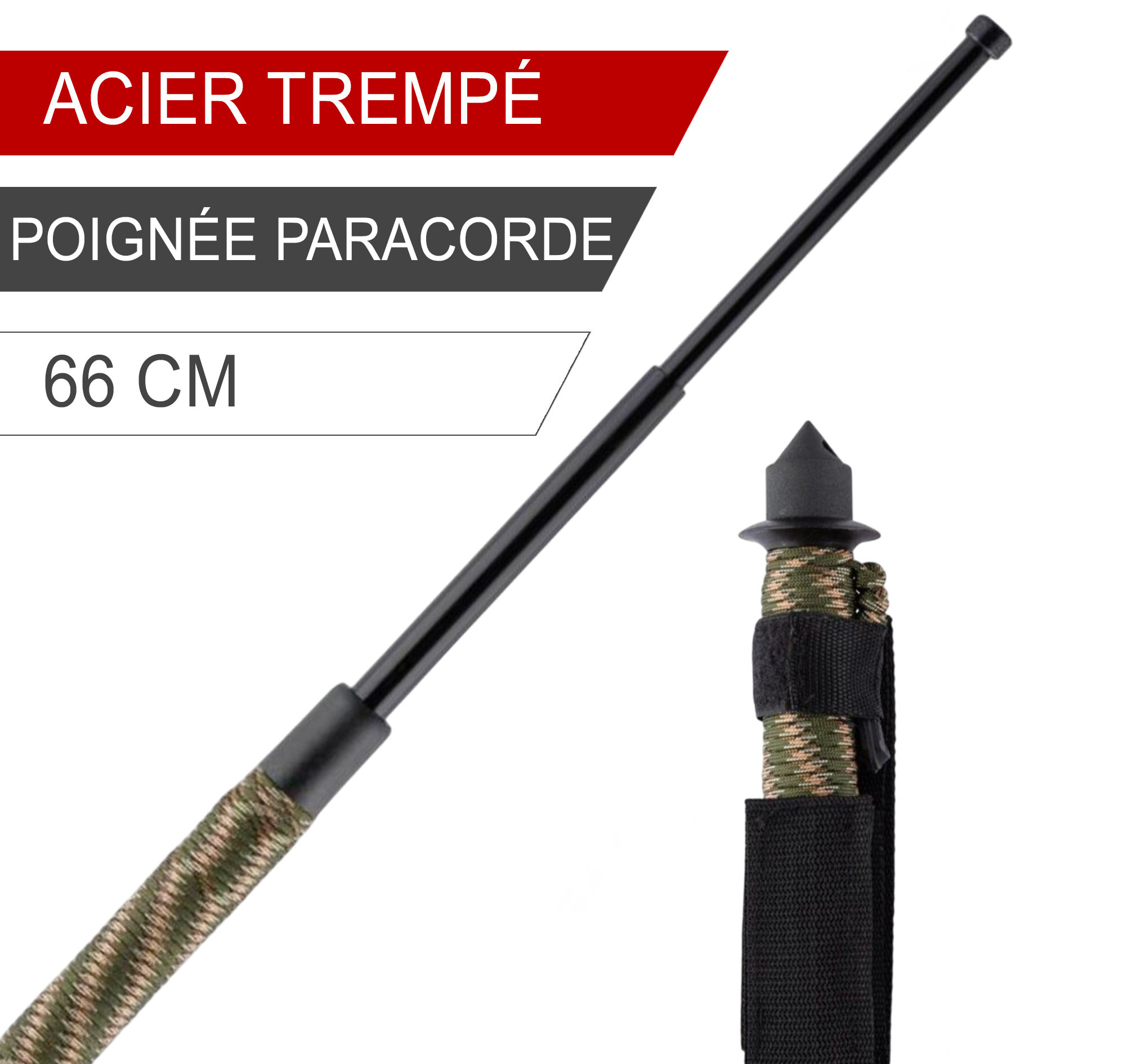 Matraque---Bâton-télescopique-Acier-Trempé-66-cm-avec-Manche-Paracorde-+-Embout-Brise-vitre-et-Etui-Ceinture-Nylon-1