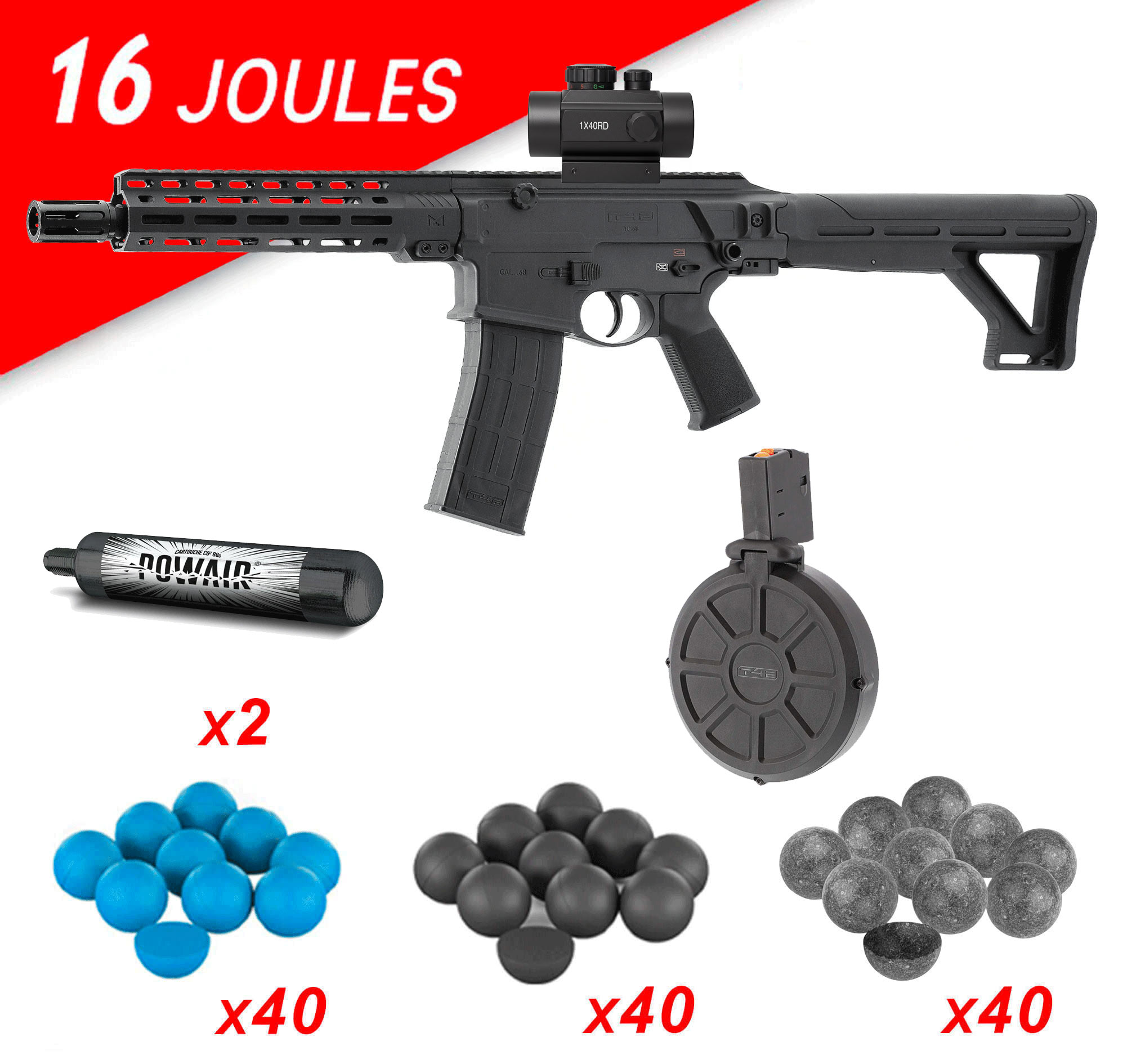 Carabine-T4E-TC68-cal.-68-full-auto-16-joules-+-Viseur-holographique-et-Chargeur-a-Tambour-40-coups-cal.-68