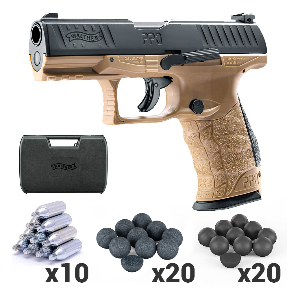 STARTER PACK Pistolet WALTHER PPQ M2 T4E tan cal.43 type gomme cogne : avec mallette (