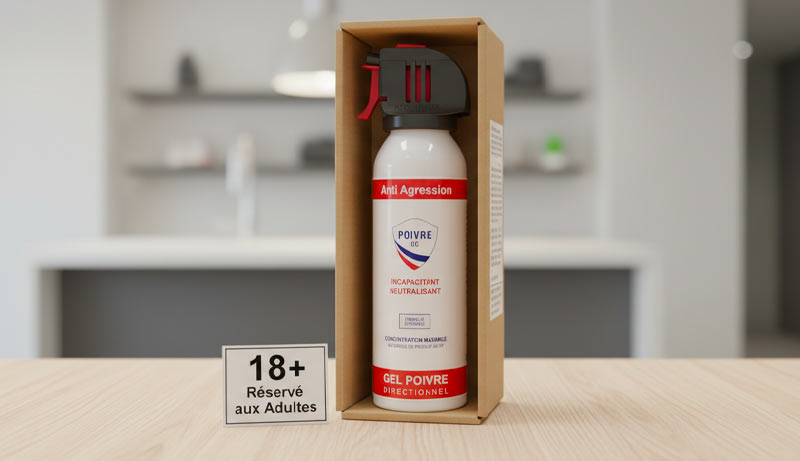 Spray lacrymogène civil et documents juridiques illustrant la réglementation en France