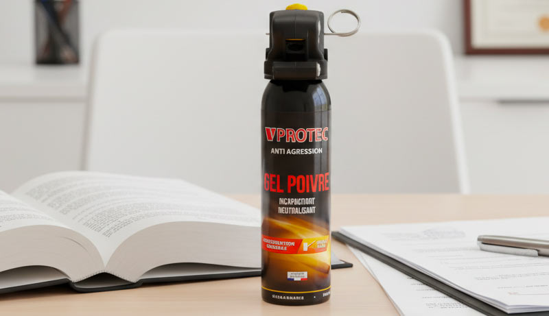 Spray lacrymogène civil et documents juridiques illustrant la réglementation en France