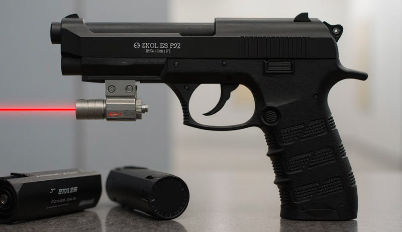Rail Picatinny et poignée texturée du Ekol ES P92 avec micro laser rouge