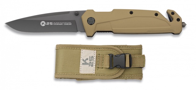 Couteau pliant K25 lame 9 cm manche caoutchouc coyote
