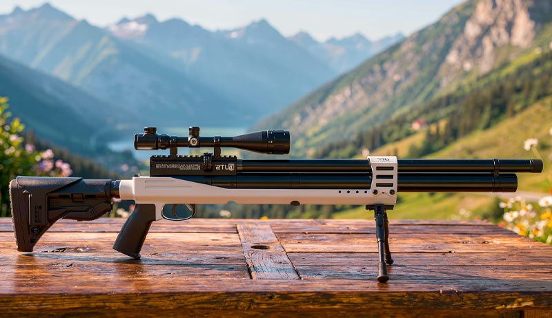 Vue latérale de la carabine JTS Airacuda PRS Max Argent avec châssis aluminium