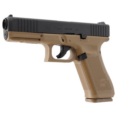 Pistolet Glock 17 Gen5 T4E calibre .43, carcasse coyote et culasse noire, vu de trois quarts gauche