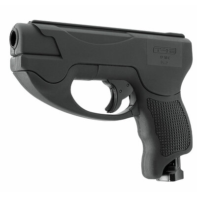 Pistolet Umarex T4E TP50 Compact Gen2 noir vu de trois quarts gauche, poignée quadrillée