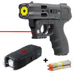 Pistolet lacrymogène JPX4 avec faisceau laser rouge, shocker noir à lampe et quatre cartouches OC