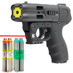 Pistolet JPX4 laser avec quatre cartouches OC à embout orange et quatre cartouches d’entraînement vertes