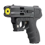 Pistolet lacrymogène Piexon JPX4 gris vu de profil, bouche jaune à quatre canons