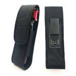 Holster en cordura noir vu de face avec une bombe et vu de dos avec le clip de ceinture