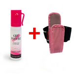Aérosol gel poivre rose de 25 ml à côté d’un brassard à étui rose et sangle noire