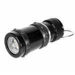 Petite lampe LED noire en métal vue de trois quarts, trois LED en tête et anneau à l’arrière