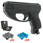 Pack TP50 Compact Gen2 : pistolet noir, mallette ouverte avec capsules de CO2, 50 billes grises et 50 billes bleues
