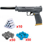 Pack Canik SFX Rival Compétition : pistolet gris et doré avec extension, dix capsules de CO2, billes grises et bleues
