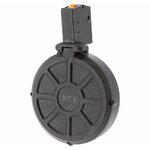 Chargeur à tambour T4E 40 coups noir vu de trois quarts, logo T4E au centre du tambour