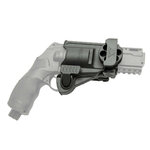 Holster T4E avec un barillet de rechange tenu par le clip avant, revolver représenté en gris