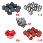 Contenu du pack calibre .68 : billes à poudre métallique, aluminium, rouges à cœur acier, au poivre et capsules de CO2