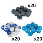 Contenu du pack calibre .43 : billes grises à poudre métallique, billes de craie bleu et blanc, billes bleues en caoutchouc