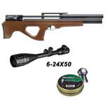 Pack Onix K2 : carabine PCP à crosse en hêtre, lunette 6-24x50 Aegon et boîte de 250 plombs 5,5 mm