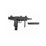 Mini Uzi Umarex vu du côté droit, crosse repliée le long du boîtier, faux modérateur de son à côté