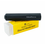 Modérateur de son Reximex noir marqué SilentForce, posé sur son étui jaune Silent Force Sound Moderator