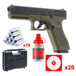 Pack Glock 17 Gen5 Battlefield Green : pistolet, 10 capsules de CO2, mallette Umarex, flacon de billes acier et 20 cibles