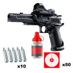 Pack Umarex Racegun : pistolet noir avec viseur point rouge, flacon de billes acier, 10 capsules de CO2, 50 cibles