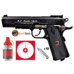 Pack Bruni US Combat 1911 : pistolet noir, flacon de billes acier Umarex, cible et 10 capsules de CO2