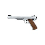 Pistolet Umarex Ruger Mark IV finition inox vu du côté gauche, plaquettes d’aspect bois