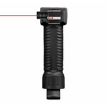 Poignée bipied noire avec micro laser rouge fixé sur son rail latéral, faisceau allumé