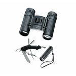 Jumelles noires 8x21, couteau multifonction aux outils déployés et lampe noire à dragonne
