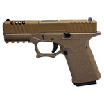Pistolet airsoft AW Custom VX9 Mod 1 tan vu du côté gauche, glissière ajourée et chargeur noir