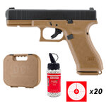 Pack Glock 17 Gen5 French Edition : réplique coyote à culasse noire, mallette Glock, biberon de billes et 20 cibles