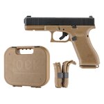 Réplique Glock 17 Gen5 coyote posée près de sa mallette Glock et de ses dos de poignée de rechange