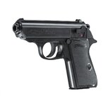 Pistolet à billes Walther PPK/S noir vu de trois quarts avant, bannière Walther sur la culasse et la poignée