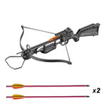 Arbalète EK Archery JAG-1 noire présentée avec ses 2 traits en aluminium à empennage jaune et orange