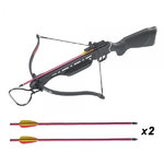 Arbalète Man Kung Recurve noire 150 lbs présentée avec 2 traits rouges à empennage jaune et orange