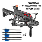 Arbalète EK Archery Cobra RX Adder noire avec viseur reflex et cinq traits à empennage bleu