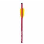 Détail de l’empennage jaune et rouge et du marquage EK Archery Research sur le tube