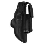 Holster en toile noire vide vu de face, sangle à boucle en plastique et étui latéral pour chargeur
