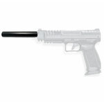 Extension de canon noire montée sur un pistolet Canik SFX Rival représenté en gris clair