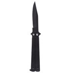 Couteau papillon noir vu à la verticale, lame vers le haut et loquet au bas du manche