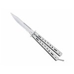 Couteau papillon métal gris vu en biais, loquet articulé relevé au bout du manche