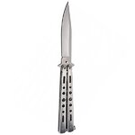 Couteau papillon gris vu à la verticale, lame vers le haut et loquet au bas du manche