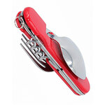 Couteau de camping rouge replié, vu de dos avec le tire-bouchon, la fourchette et la cuillère rentrés
