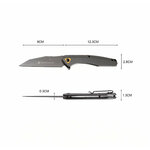 Schéma coté du couteau : lame 9 cm, manche 12,3 cm, hauteur 2,5 cm, épaisseur 1,3 cm