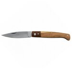 Couteau pliant ouvert à l’horizontale, lame lisse en inox, manche en bois brun foncé et bois clair