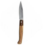 Couteau pliant ouvert, lame vers le haut, manche en bois à deux teintes et rivets apparents