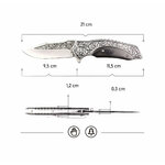 Schéma coté du couteau : 21 cm au total, lame 9,5 cm, manche 11,5 cm, épaisseurs 1,2 et 0,3 cm