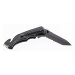 Couteau pliant noir ouvert, lame tanto en partie crantée, clip métallique et encoche coupante au talon